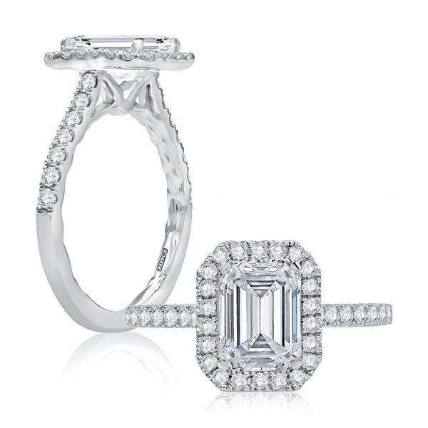 A.Jaffe Engagement Rings Emerald Cut Diamond Halo Engagement Ring with Quilted Interior ME2051Q 201B Online Sale