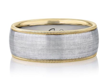 A.Jaffe Wedding Bands Two-Tone Matte Finish Men’s Wedding Band With Gold Milgrain Edges BB0199-8 PL on Sale